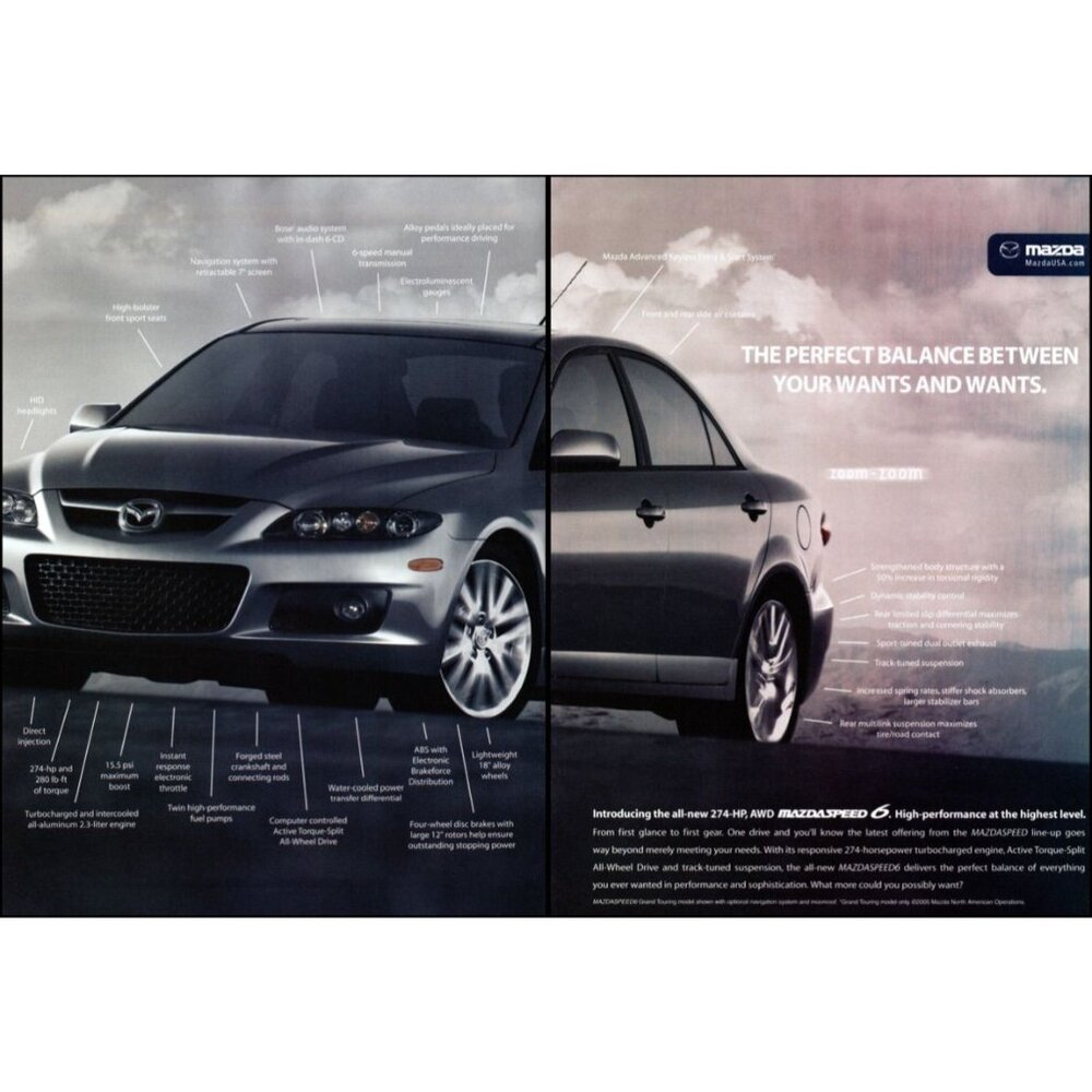 2006 Mazda Speed 6 Sports Sedan 2 Page Vintage Print Ad Gray Sky Clouds Wall Art